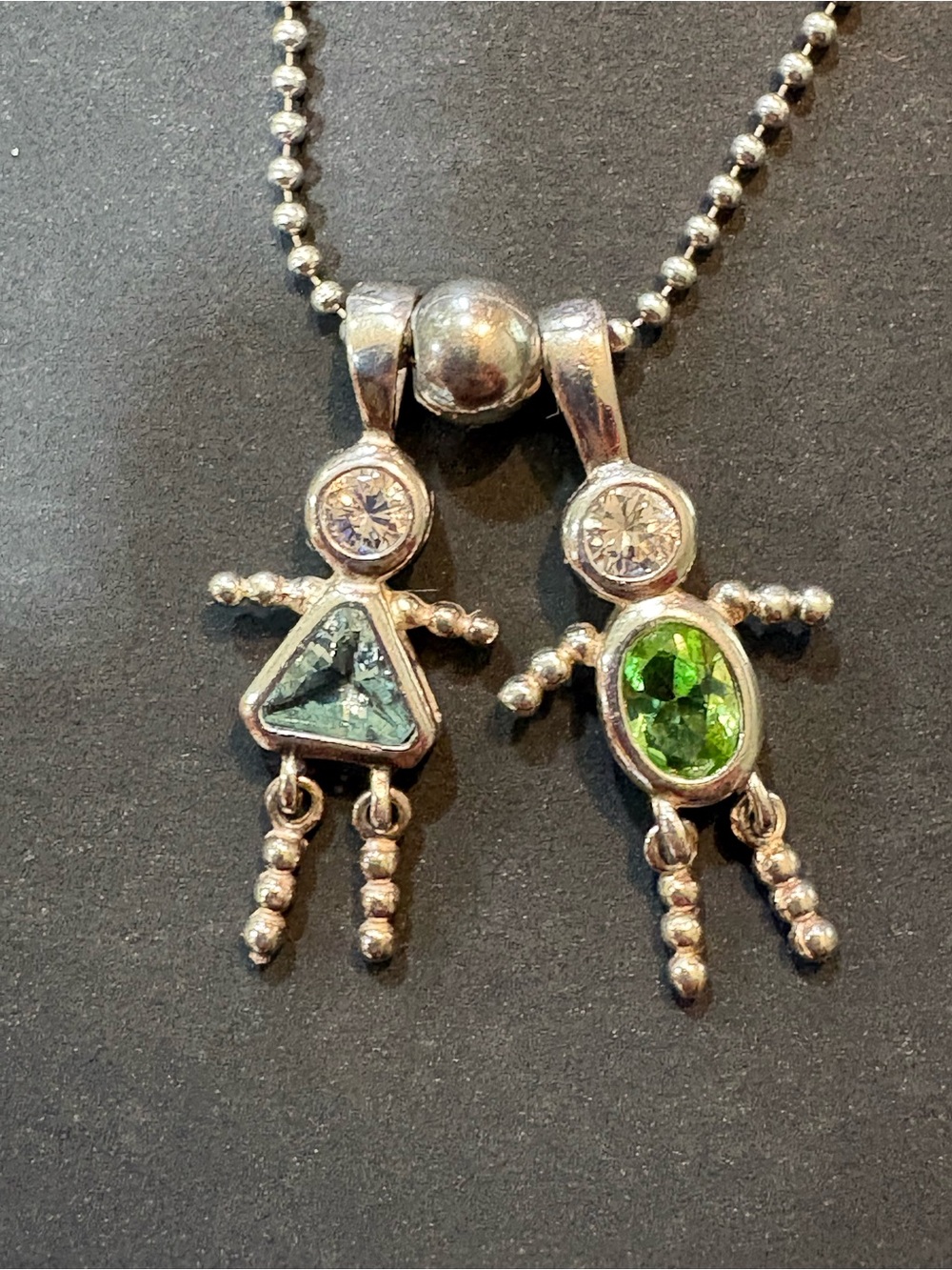 Vintage 925 Sterling Silver Articulated Boy & Girl Birthstone Charm Necklace